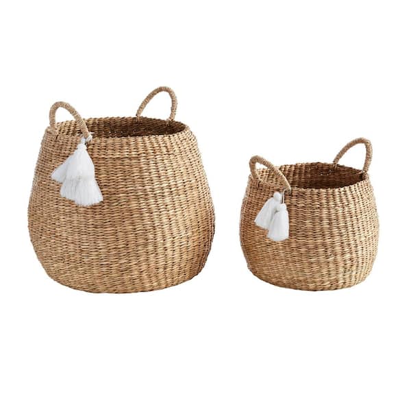 Round Natural Water Hyacinth Decorative Baskets with White Tassels (Set of 2)