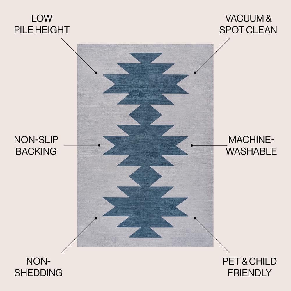 Chayton Minimalist Geometric Gray and Blue Washable Area Rug