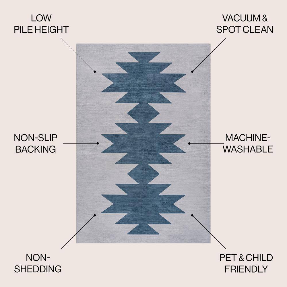 Chayton Gray and Blue Geometric Washable Chenille Area Rug