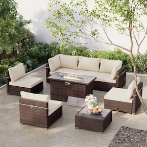 8-Piece Outdoor Brown Wicker Patio Conversation Set with Wicker Fire Pit Table with Beige Cushions