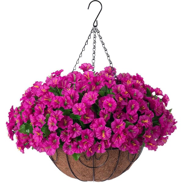 Unbranded 21.3 in. Red Outdoor Artificial Hanging Petunia Flowers in Brown Basket