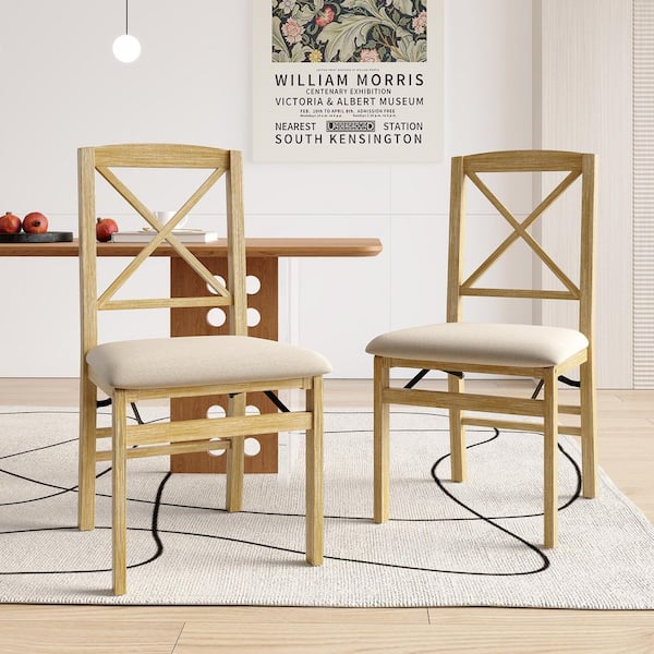 Scandinavian Style Beige Linen Wooden Dining Room Leisure Chair With X-Back And Cushion Set of 2
