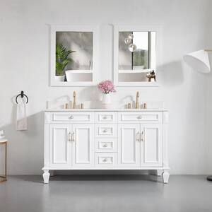 60 in. W x 22 in. D x 35 in. H Double Sink Bath Vanity in White with White Quartz Top and Mirror
