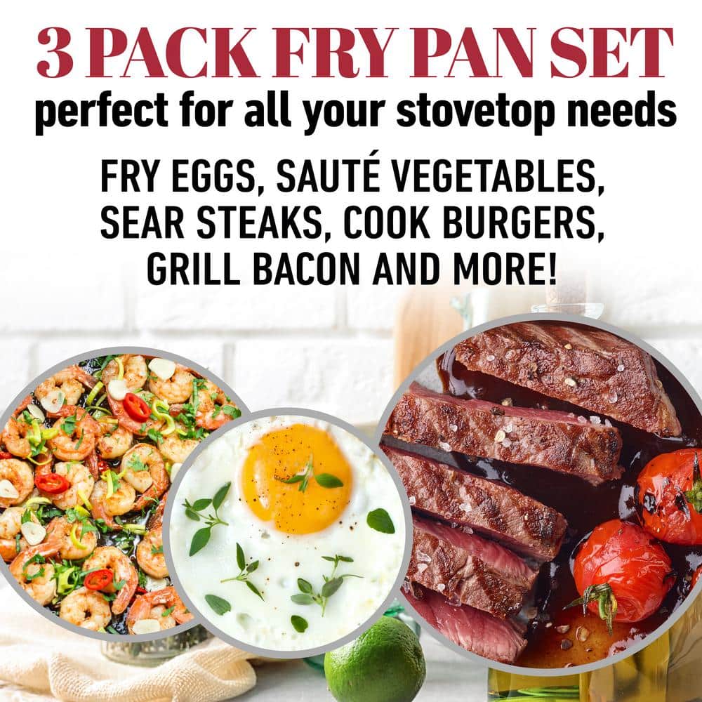 Gotham Steel Red Nonstick Ceramic Fry Pan Set, 8'', 10'' & 12''