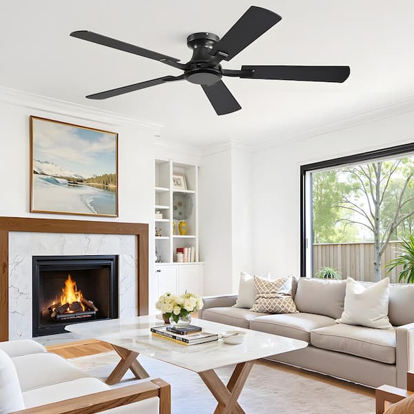 52 in. Quiet 6-Speed Low Profile Black Standard Flush Mount Ceiling Fan No Lights with Remote Control for Bedroom
