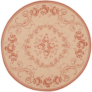 Courtyard Natural/Terracotta 5 ft. x 5 ft. Round Floral Indoor/Outdoor Patio  Area Rug