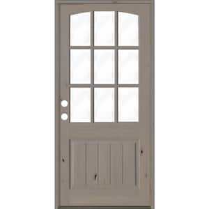 42 in. x 96 in. Knotty Alder Right-Hand/Inswing 9-Lite Arch Top V-Panel Clear Glass Grey Stain Wood Prehung Front Door