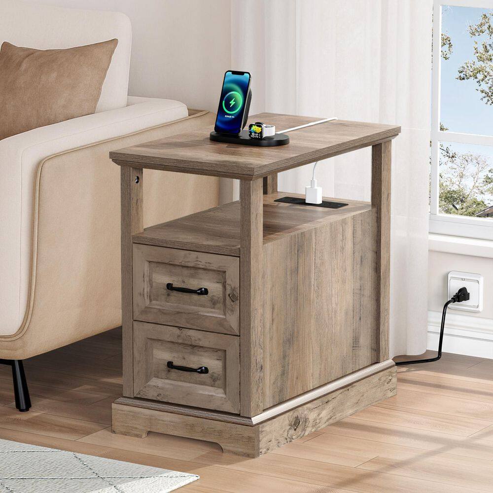 Farmhouse 13.78 in. Gray Rectangle Particle Board End Table with Outlets, 2 Drawers and Open Shelf