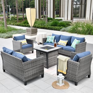 Chelan Gray 5-Piece Wicker Outdoor Patio Conversation Sofa Loveseat Set with a Fire Pit and Blue Cushions