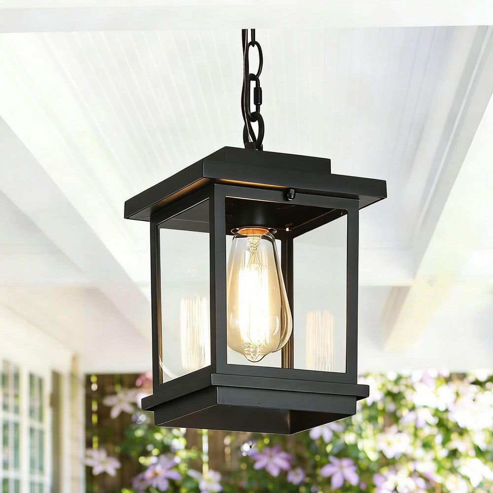 PARTPHONER 15" Dusk To Dawn Outdoor Pendant Light Exterior Hanging Lantern, Modern Black Metal Outside Chandelier Light Fixture Ceiling Mount With Water Glass For Front Porch Entrance Foyer Entryway