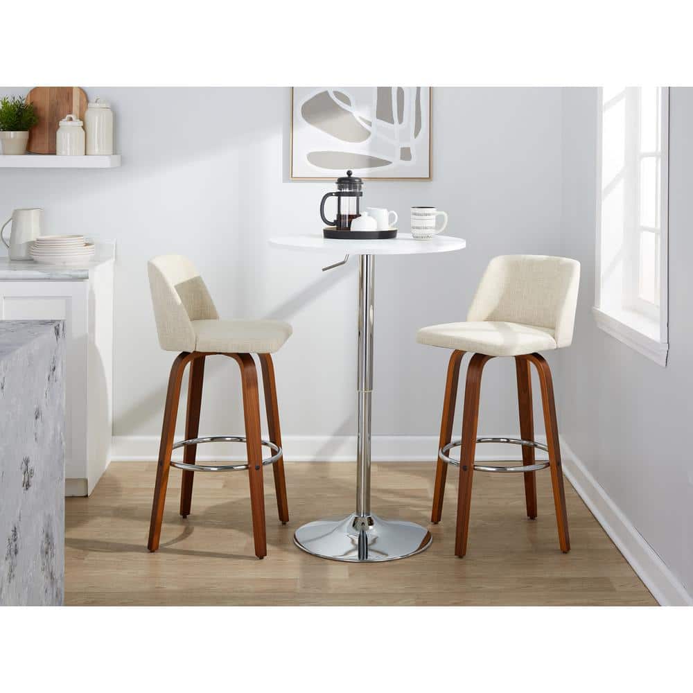 Cream Upholstered Swivel Bar Stools with Walnut Legs