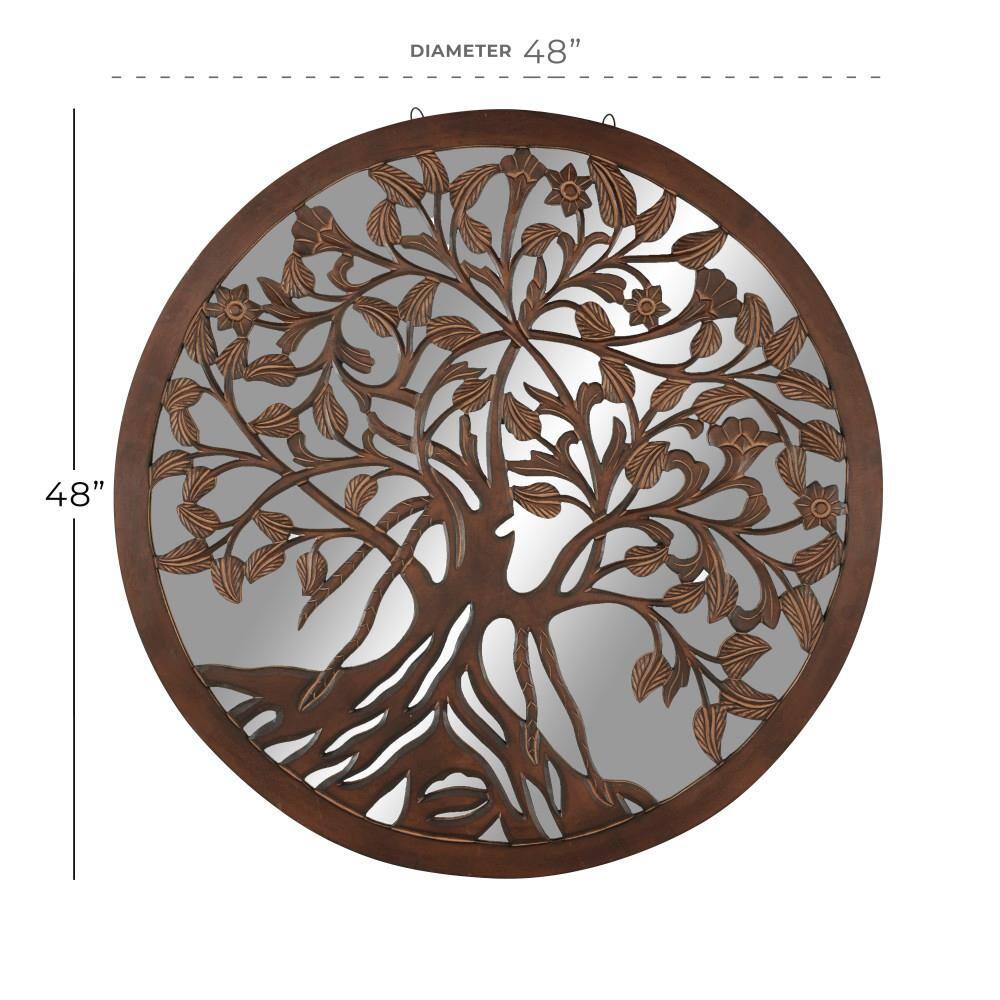 Round Brown Wood Tree Mirrored Wall Decor, 48"