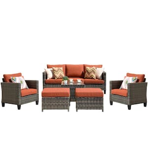 Megon Holly Gray 6-Piece Wicker Outdoor Patio Conversation Seating Set with Orange Red Cushions