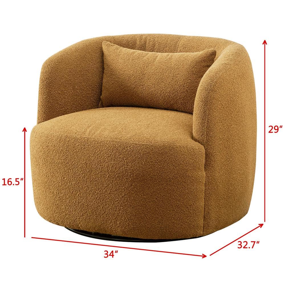 Brown Boucle Swivel Barrel Accent Chair with Pillow