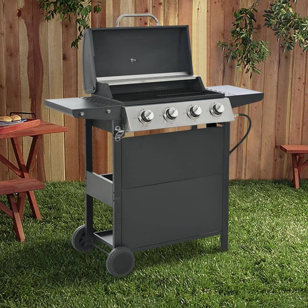 Black Stainless Steel 4-Burner Propane Gas Grill with Side Burner