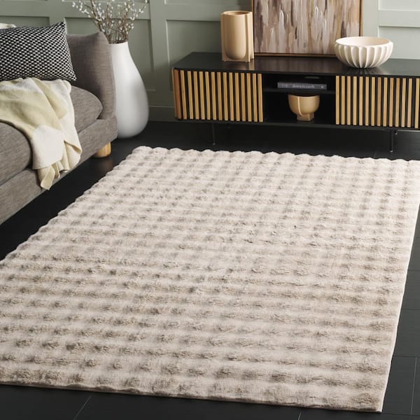 Faux Rabbit Bubble Beige 5 ft. x 7 ft. Machine Washable Solid High-Low Area Rug