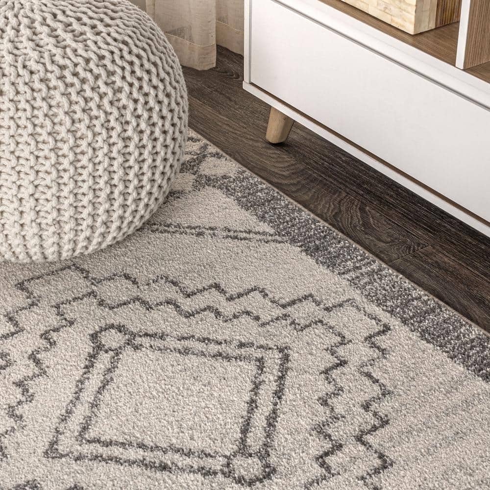 Cream and Gray Geometric Synthetic Square Area Rug