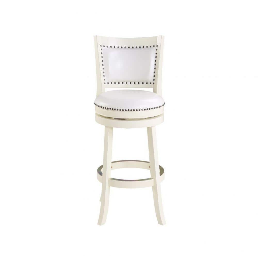 Elegant Traditional White Leather Swivel Bar Stool with Brass Nailhead Trim