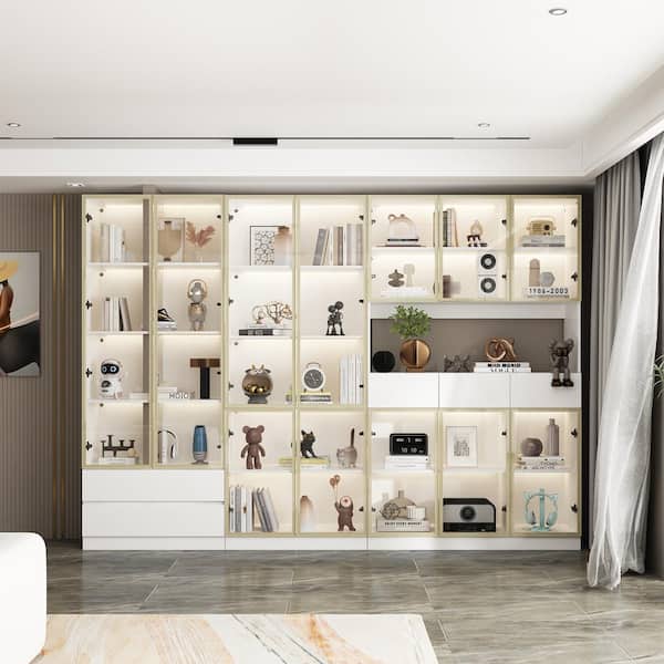 FUFU&GAGA White Wood 110.2 in. W Display Cabinet with Pop up Tempered Glass Doors, LED Lights, 5 Drawers