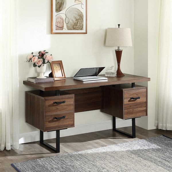 brown computer desk with drawers