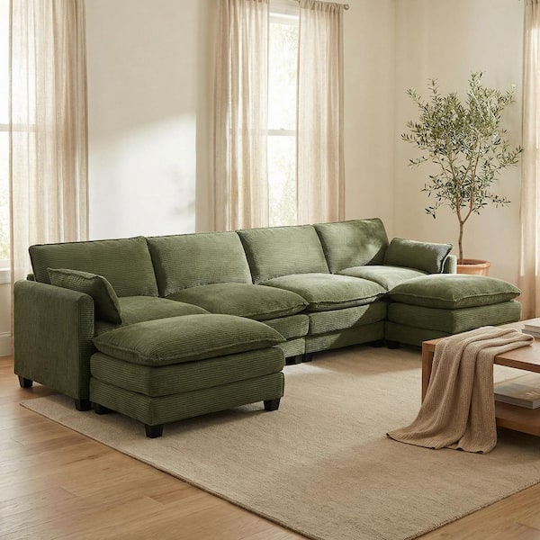133 in. Square Arm 3-Piece Corduroy Modular Sofa with 2 Movable Ottomans Sectional Sofa in. Olive Green