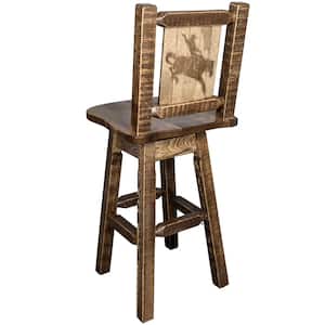 Homestead Collection 30 in. Early American Laser Engraved Bronc Motif Bar Stool with Swivel Seat and Back