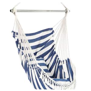 4 ft. Portable Bohemian Hanging Hammock Chair with Cushion and Steel Spreader Induded in Blue White
