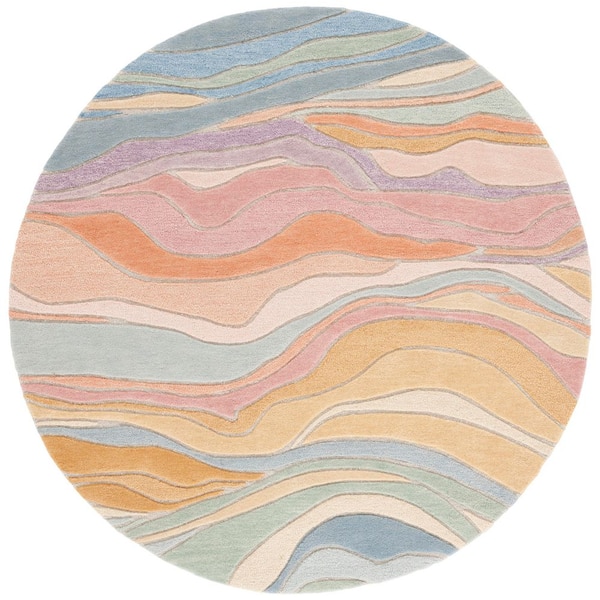 Rodeo Drive 8 ft. x 8 ft. Round Blue/Blush Abstract Wavy Area Rug