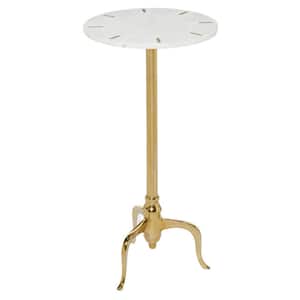 15 in. Gold Large Round Marble End Accent Table with Marble Top with Gold Inlay
