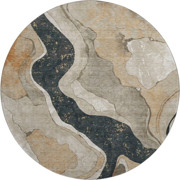 Mayfield Premium Machine Washable Abstract AMF2219 Putty 8 ft. x 8 ft. Round Rug