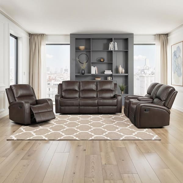 Longvale 78 in. W Pillow Top Arm Leather Rectangle Manual Double Reclining Sofa Set in Brown, 3-Piece