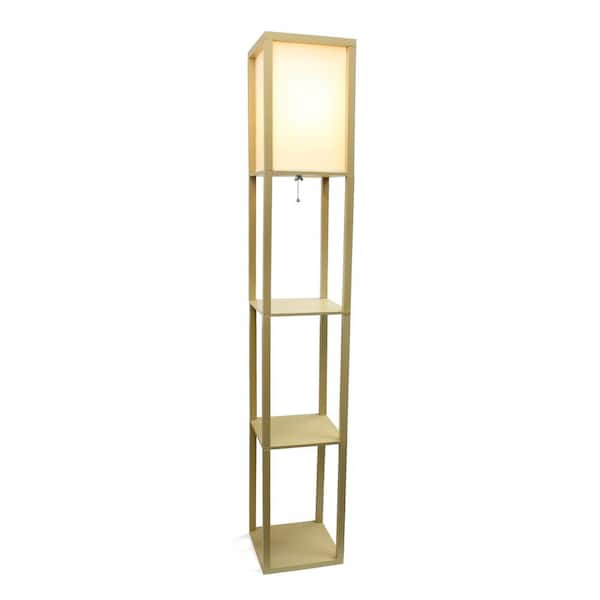 62.5 in. Tan Three Shelf Standard Floor Lamp with White Linen Shade for Living Room, Bedroom, with LED Bulb Included