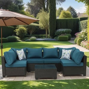 Outdoor Dark Coffee 7-Piece Wicker Patio Conversation Set with Peacock Blue Cushions and Pillows