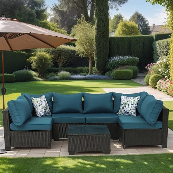 Cesicia Outdoor Dark Coffee 7-Piece Wicker Patio Conversation Set with Peacock Blue Cushions and Pillows