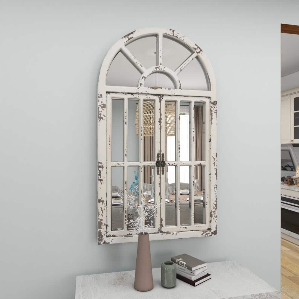 Vintage Farmhouse 26x46 Distressed White Wooden Arched Wall Mirror