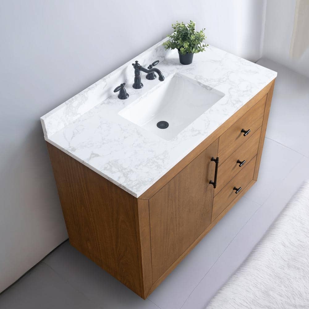 42" Tan Poplar Wood Single Bathroom Vanity with Marble Top
