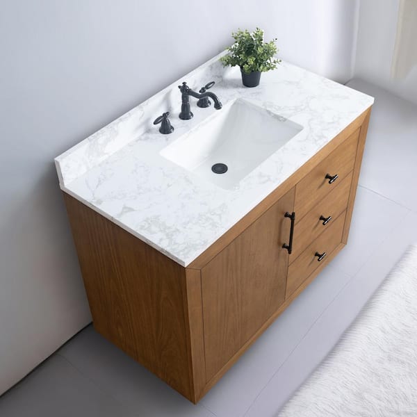 Vanity Art 42 in. W x 21.5 in. D x 34 in. H Single Sink Bathroom Vanity in Tan with Arabescato White Engineered Marble Top
