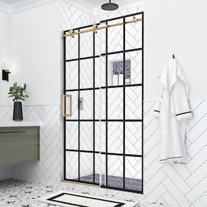 Kamaya XL 44 - 48 in. W x 80 in. H Sliding Frameless Shower Door in Black and Brushed Gold Finish with Clear Glass, Left