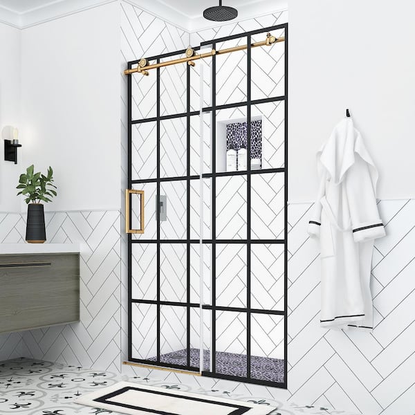 Kamaya XL 44 - 48 in. W x 80 in. H Sliding Frameless Shower Door in Black and Brushed Gold Finish with Clear Glass, Left