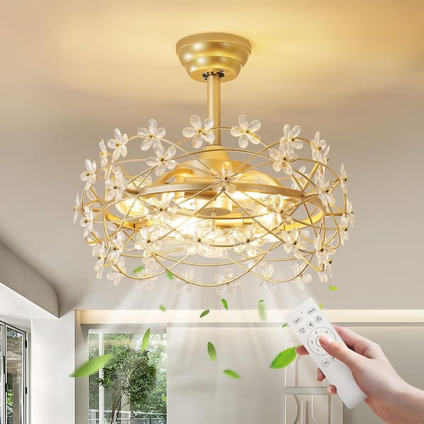 20 in. Indoor Gold Modern Cage Flower Crystal Ceiling Fan with Light And Remote Control 6-Speed Reversible Motor