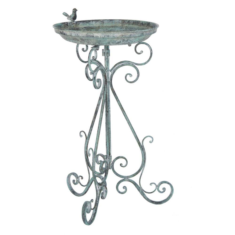 Ashlan Antique Dark Green Iron Bird Bath with Sculpted Bird