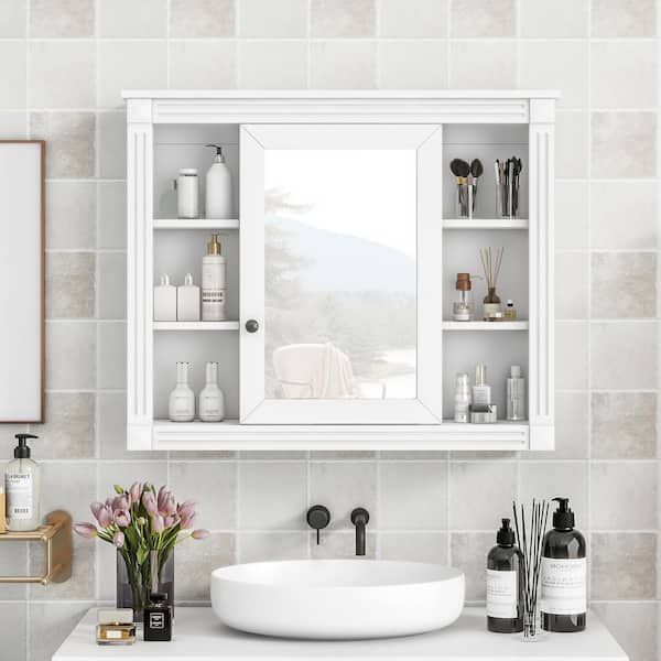 Unbranded 35 in. W x 28.7 in. H Rectangular Surface Mount White Bathroom Medicine Cabinet with Mirror with Open Shelves