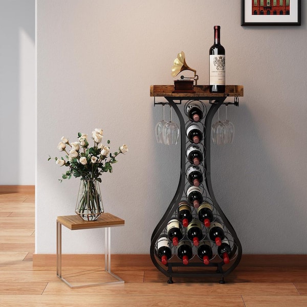 Freestanding Floor Wine Cabinet with Stemware Rack, Rustic Wood Top and Metal Frame, Holds 14 Bottles for Home Bar