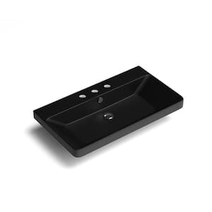 Luxury 80 Ceramic Rectangle Wall Mounted/Drop-In Sink With three faucet holes in Matte Black