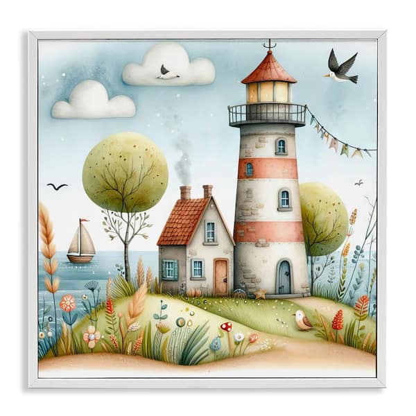 Stupell Industries Nautical Lighthouse Whimsy by LSR Design Studio White Framed Coastal Giclee Art Print 12 in. x 12 in.