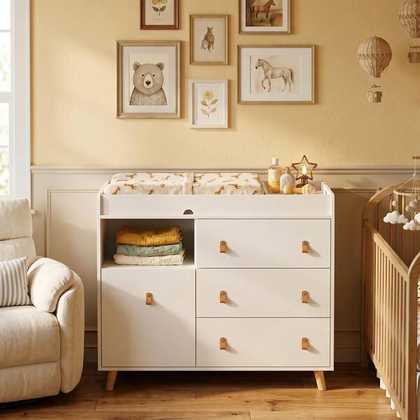 low dresser FUFU&GAGA 4-Drawer White Wood 44.9 in. W Kids Storage Organizer Cabinet With Changing Table Open Shelf made hidden soft Addison 70