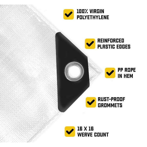 10 ft. x 10 ft. White 20 Mil Heavy Duty Polyethylene Tarp, Waterproof, UV Resistant, Rip and Tear Proof