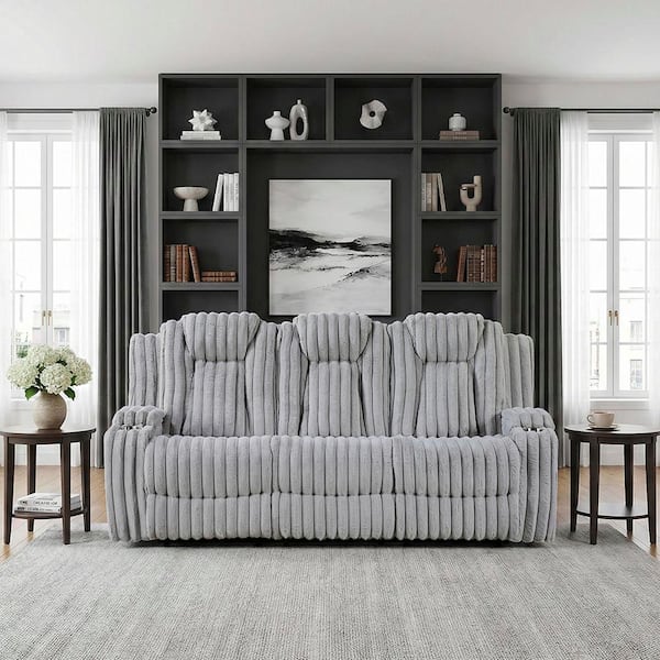 Phoebe 84.5 in. W Pillow Top Arm Corduroy Fabric Rectangle Manual Double Reclining Sofa with Cup Holders in Light Gray