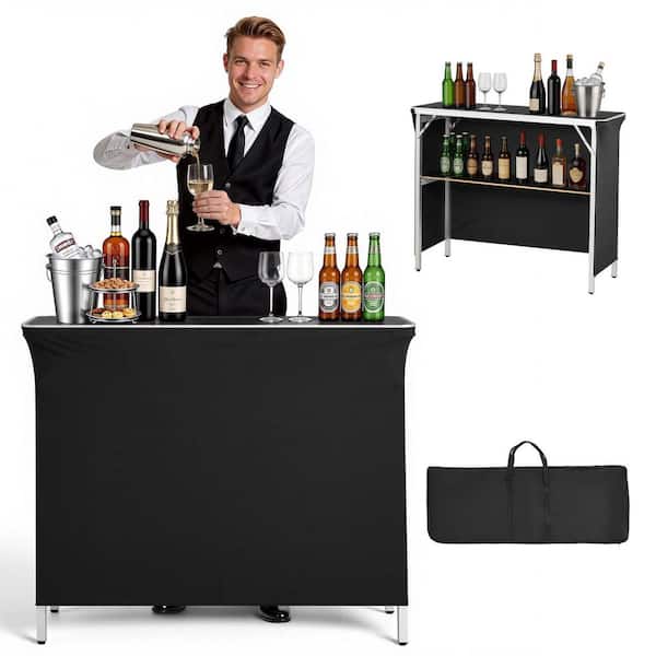 Folding Portable Bar Table, 43.3 x 15.2 x 34.8 in., with Carry Bag Storage Shelf and Detachable Skirt, Easy Setup