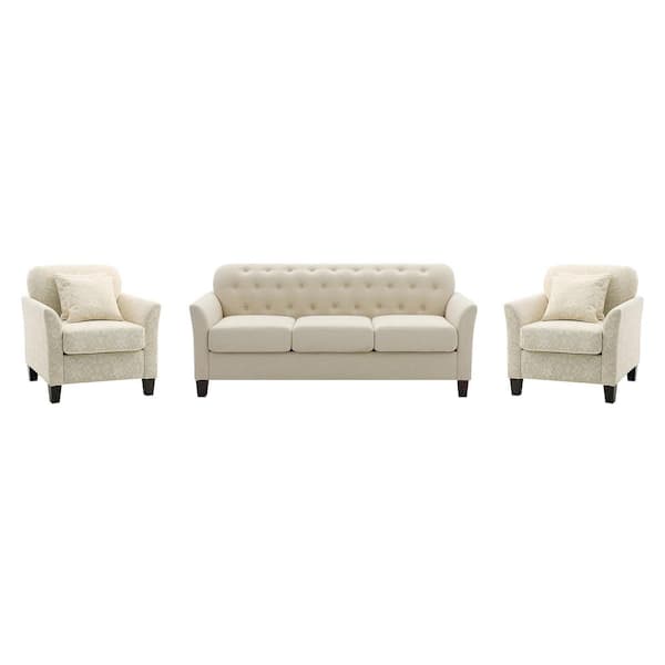 JAYDEN CREATION Carina Transitional 3 Piece Beige Living Room Set with Button-tufted